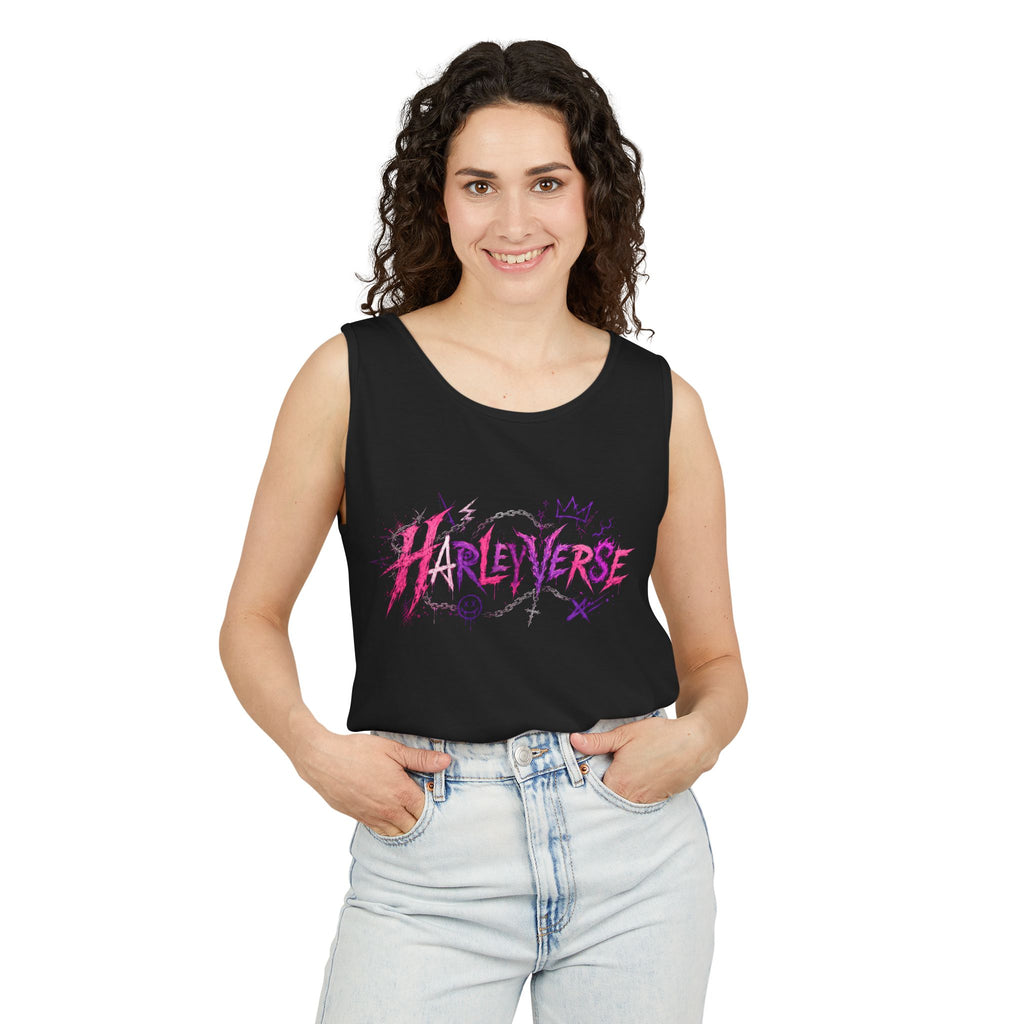 Harleyverse graffiti logo Tank Top | punk script, pink and purple doodles