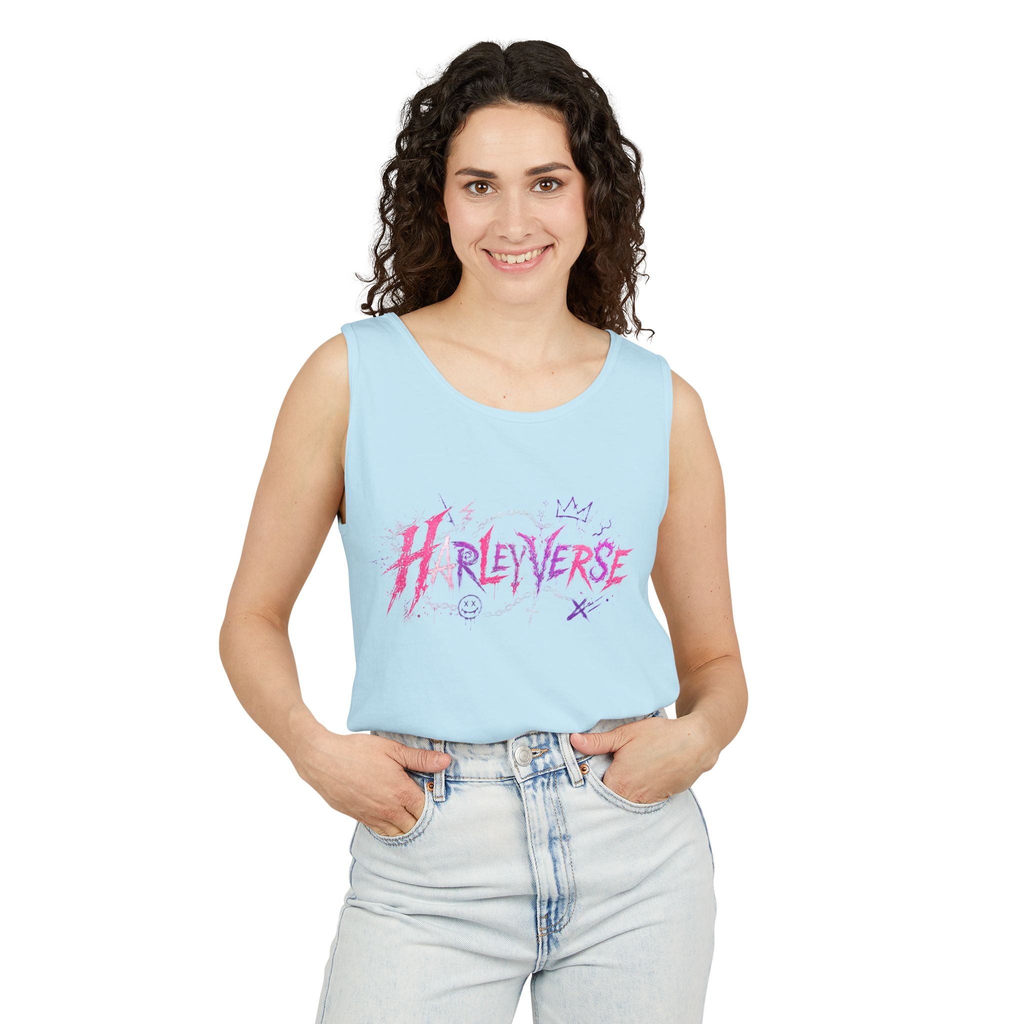 Harleyverse graffiti logo Tank Top | punk script, pink and purple doodles