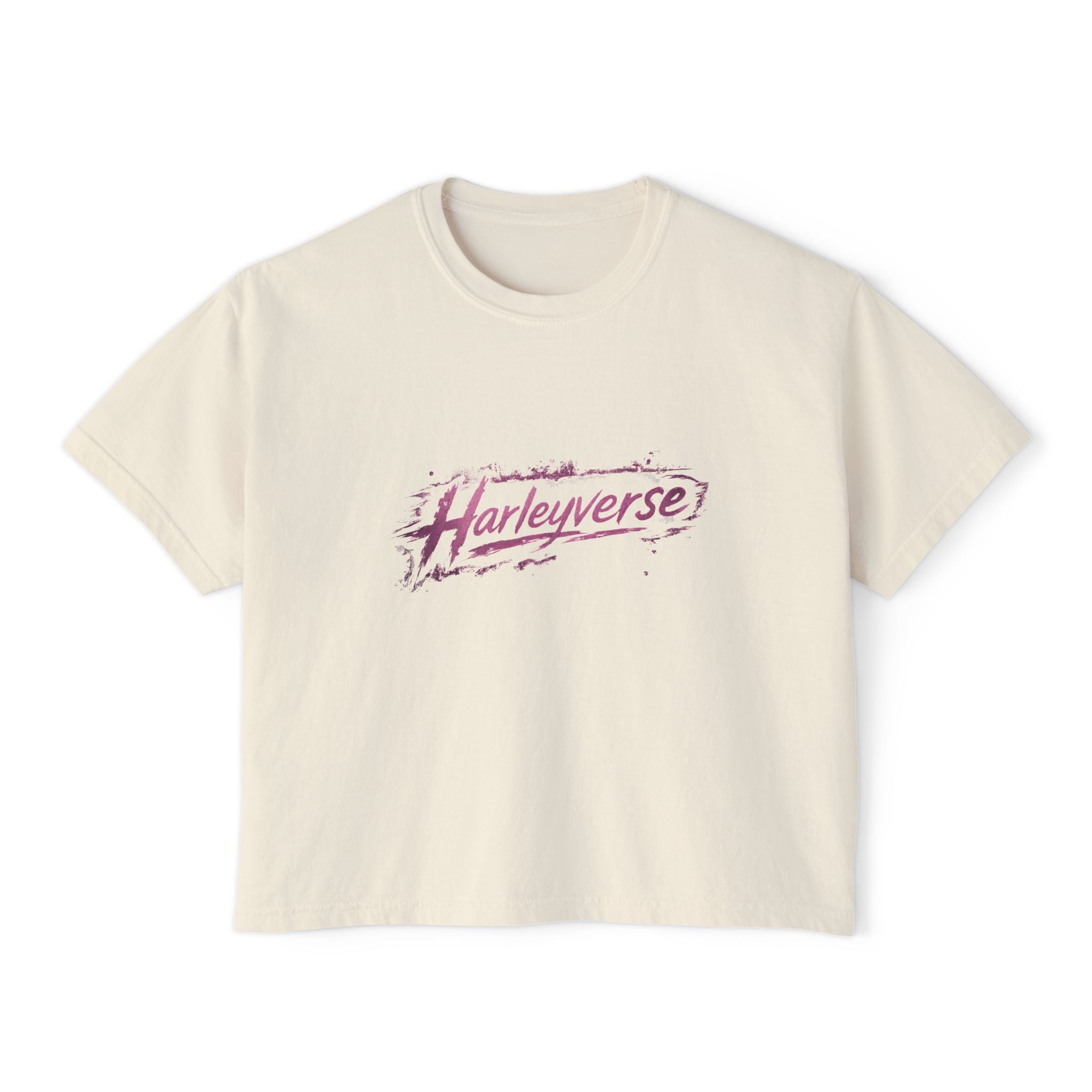 Harleyverse logo boxy tee | Crop T-Shirt, Retro Script, Pink Splash