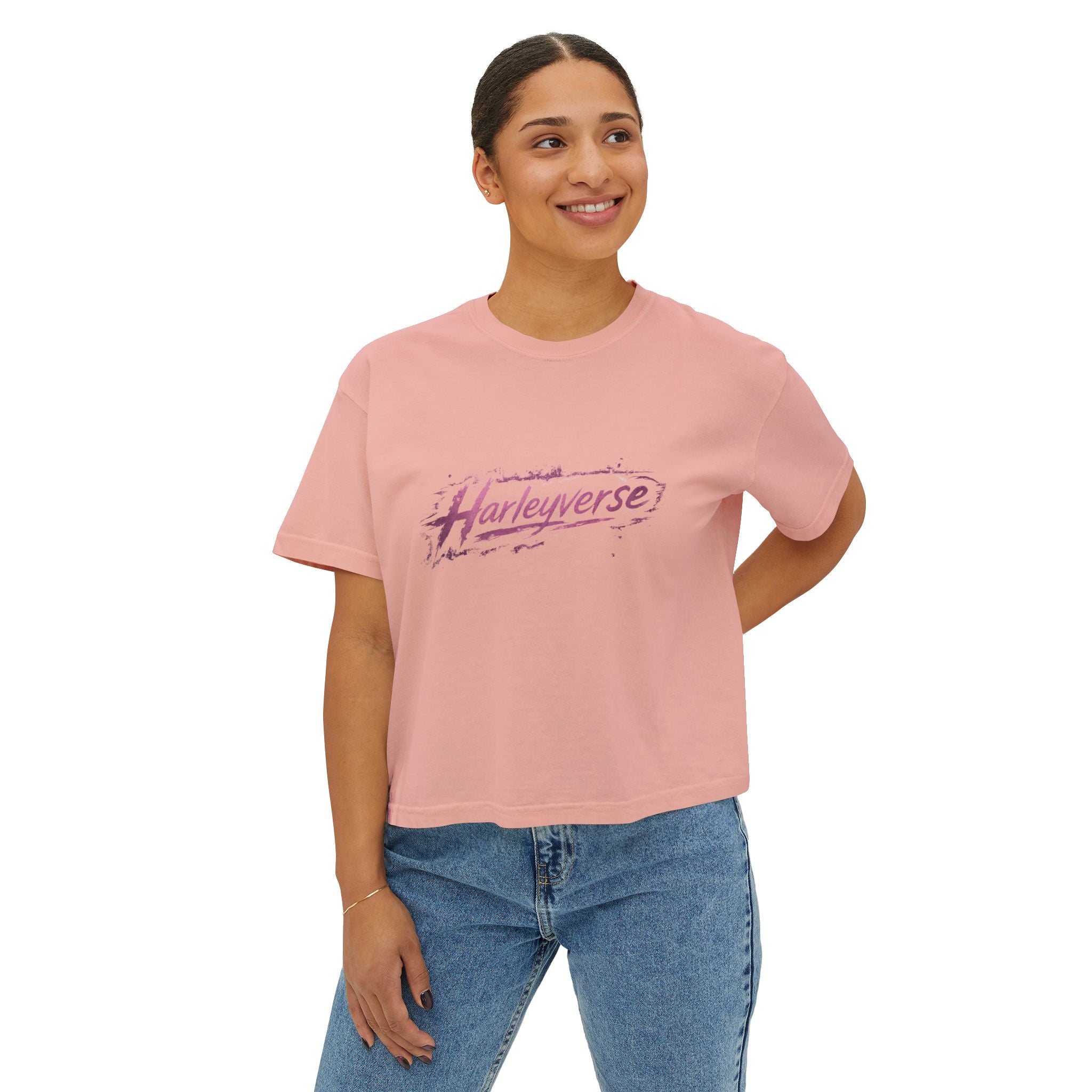 Harleyverse logo boxy tee | Crop T-Shirt, Retro Script, Pink Splash
