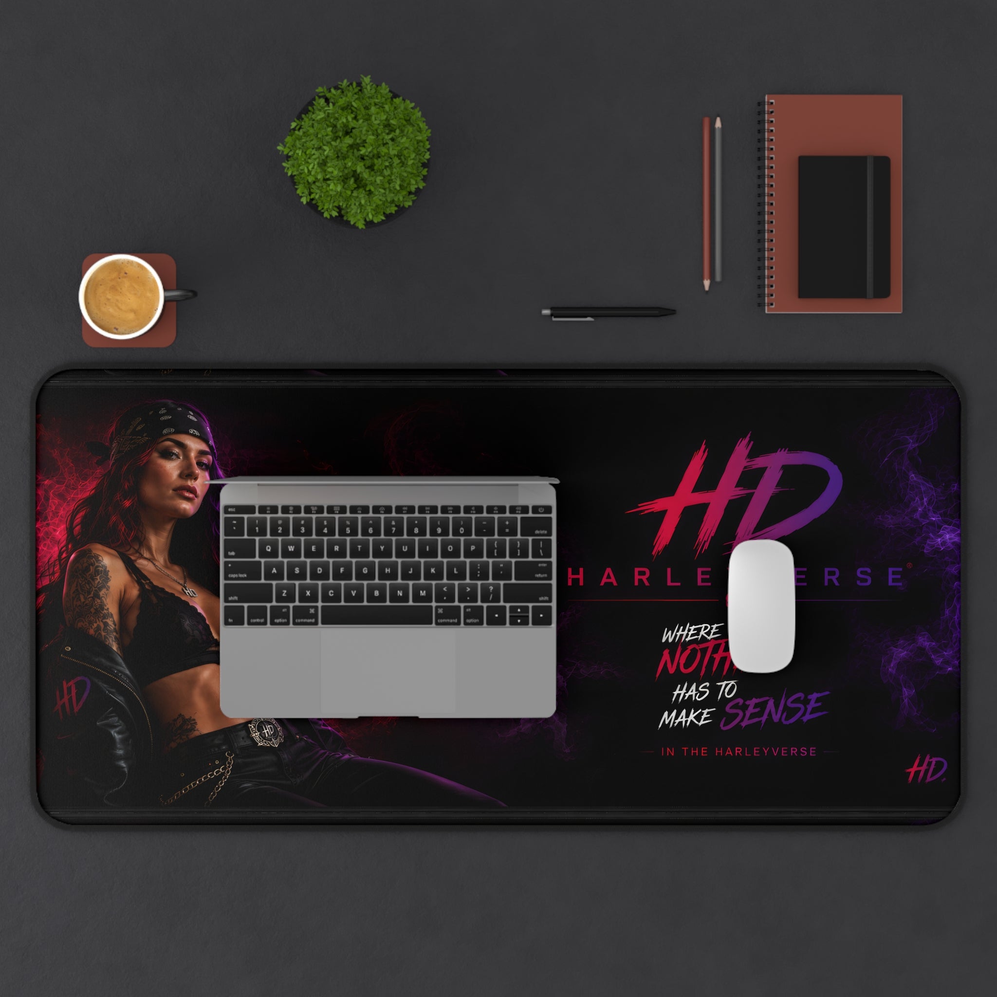 HarleyVerse HD logo woman illustration Desk Mat | Gaming Mouse Pad, Neon Smoke Design