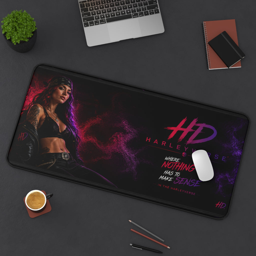 HarleyVerse HD logo woman illustration Desk Mat | Gaming Mouse Pad, Neon Smoke Design