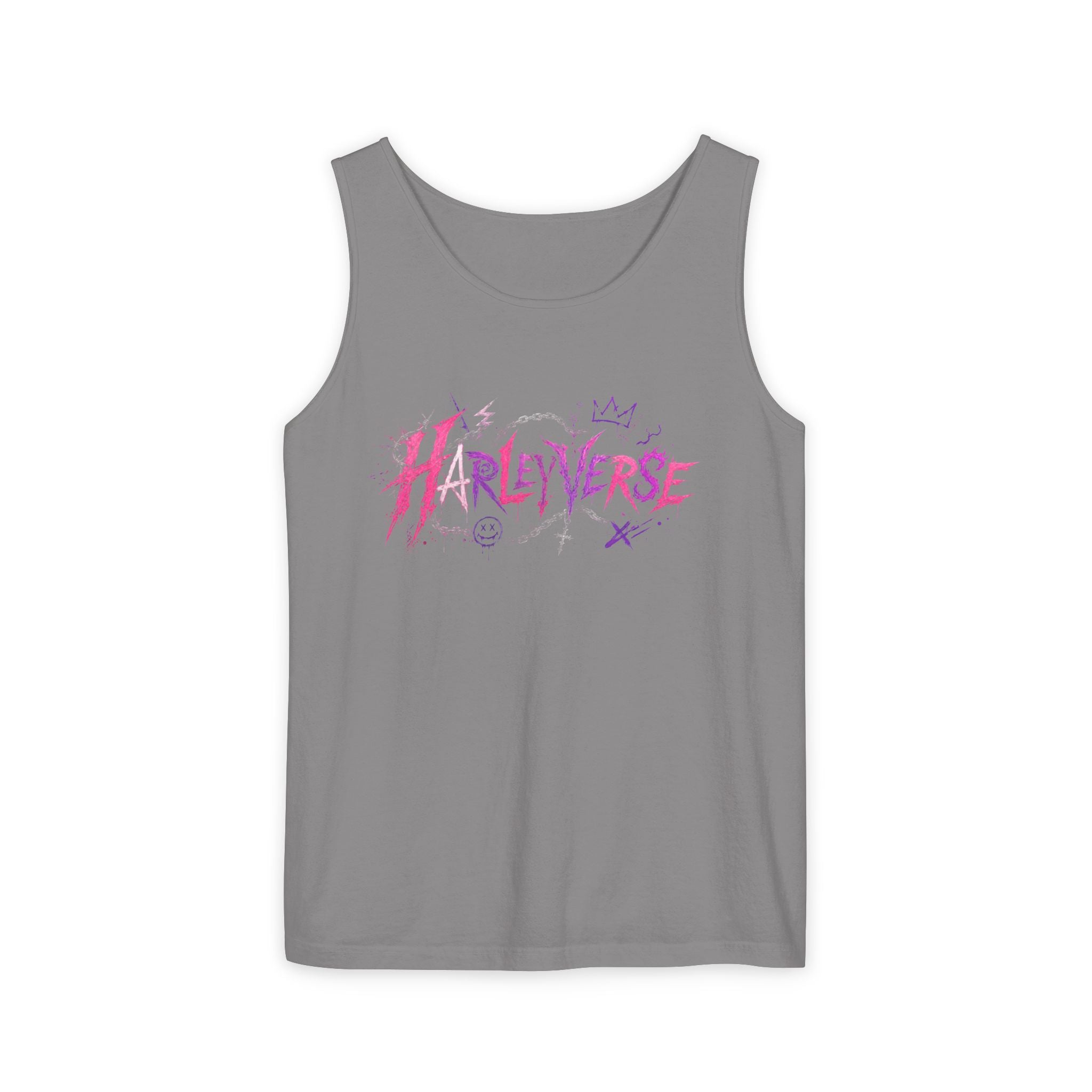 Harleyverse graffiti logo Tank Top | punk script, pink and purple doodles