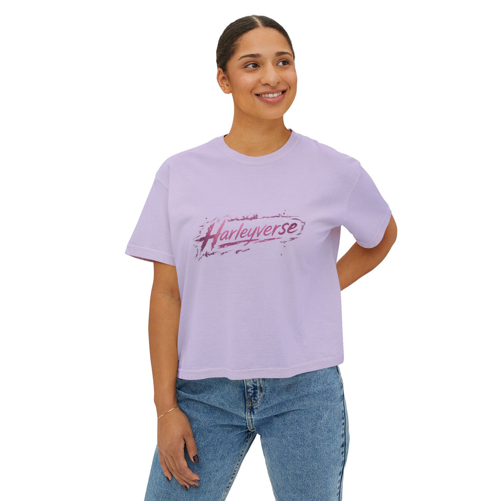 Harleyverse logo boxy tee | Crop T-Shirt, Retro Script, Pink Splash