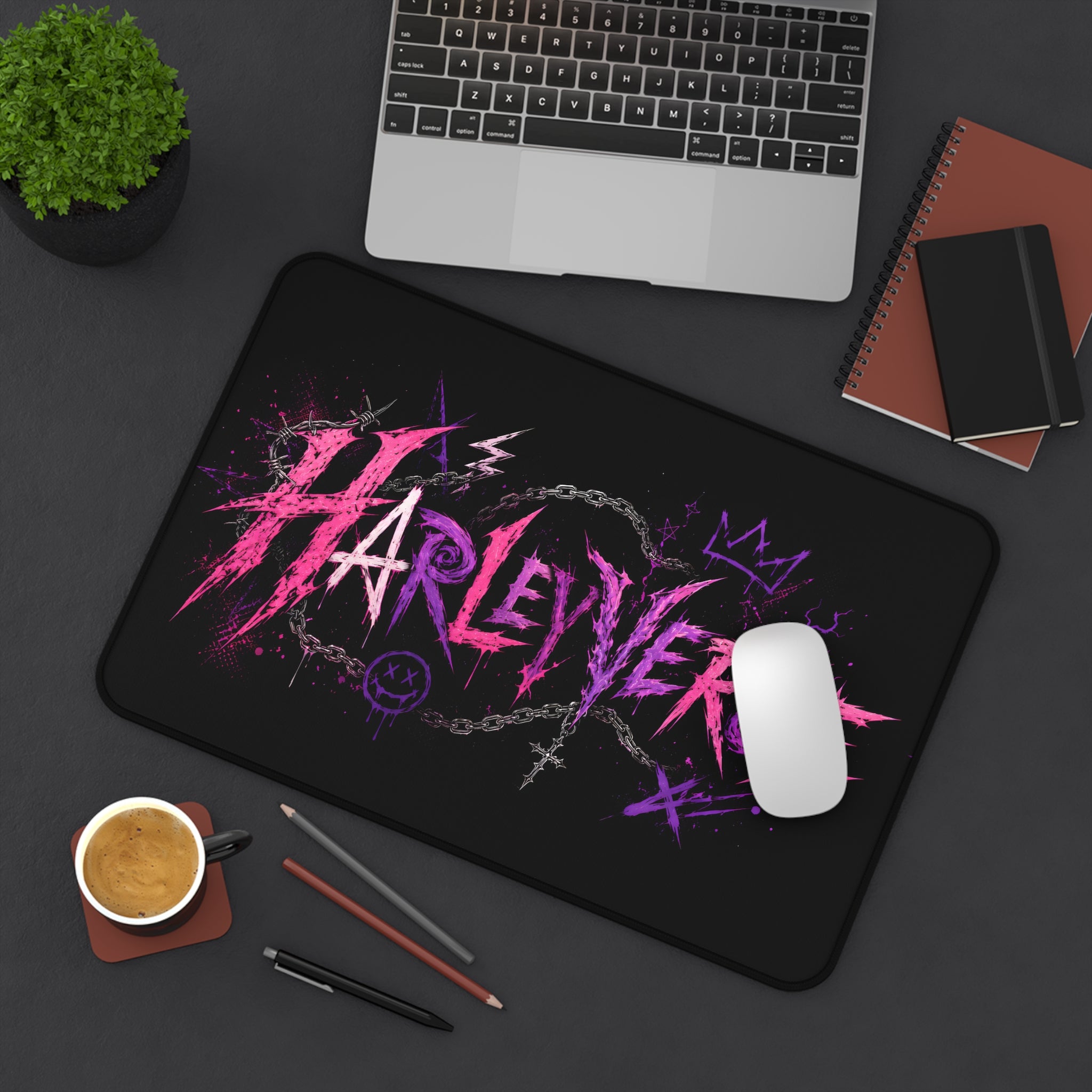 Harleyverse desk mat | Pink Purple Grunge typography, gaming mousepad