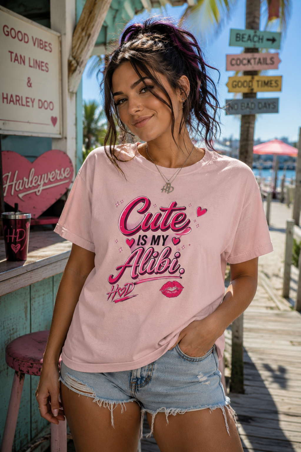 Harley Doo Cute Alibi T-Shirt — Pink Retro Script Graphic Tee