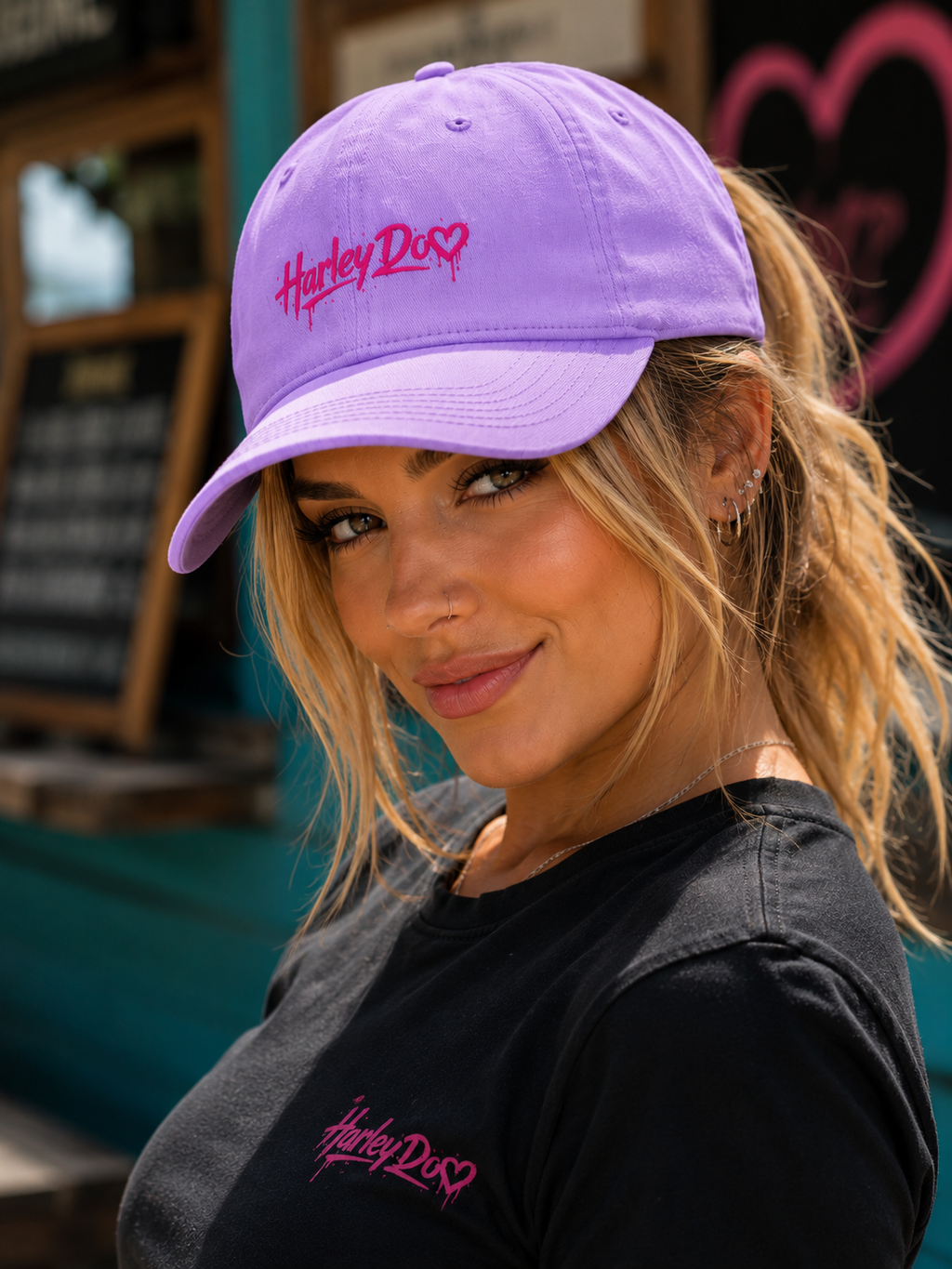 Harley Doo Drip Logo Cap | embroidered pink script, streetwear hat