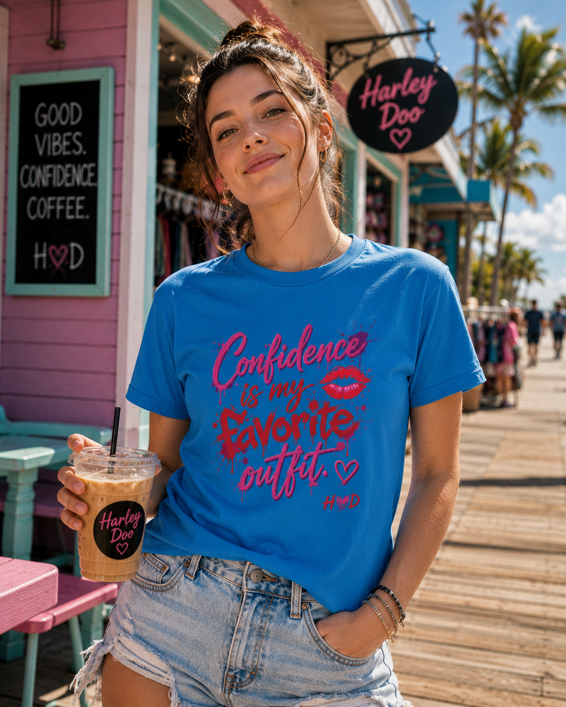 Harley Doo Confidence Is My Favorite Outfit tee | White Graphic T-Shirt, Lip Print, Script Quote