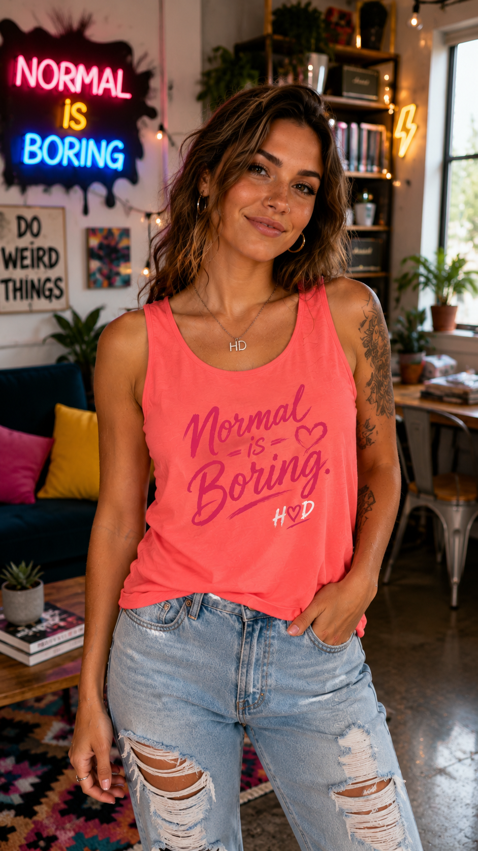 Harley Doo - Normal Is Boring Tank Top — Bold Pink Graphic Sleeveless Tee