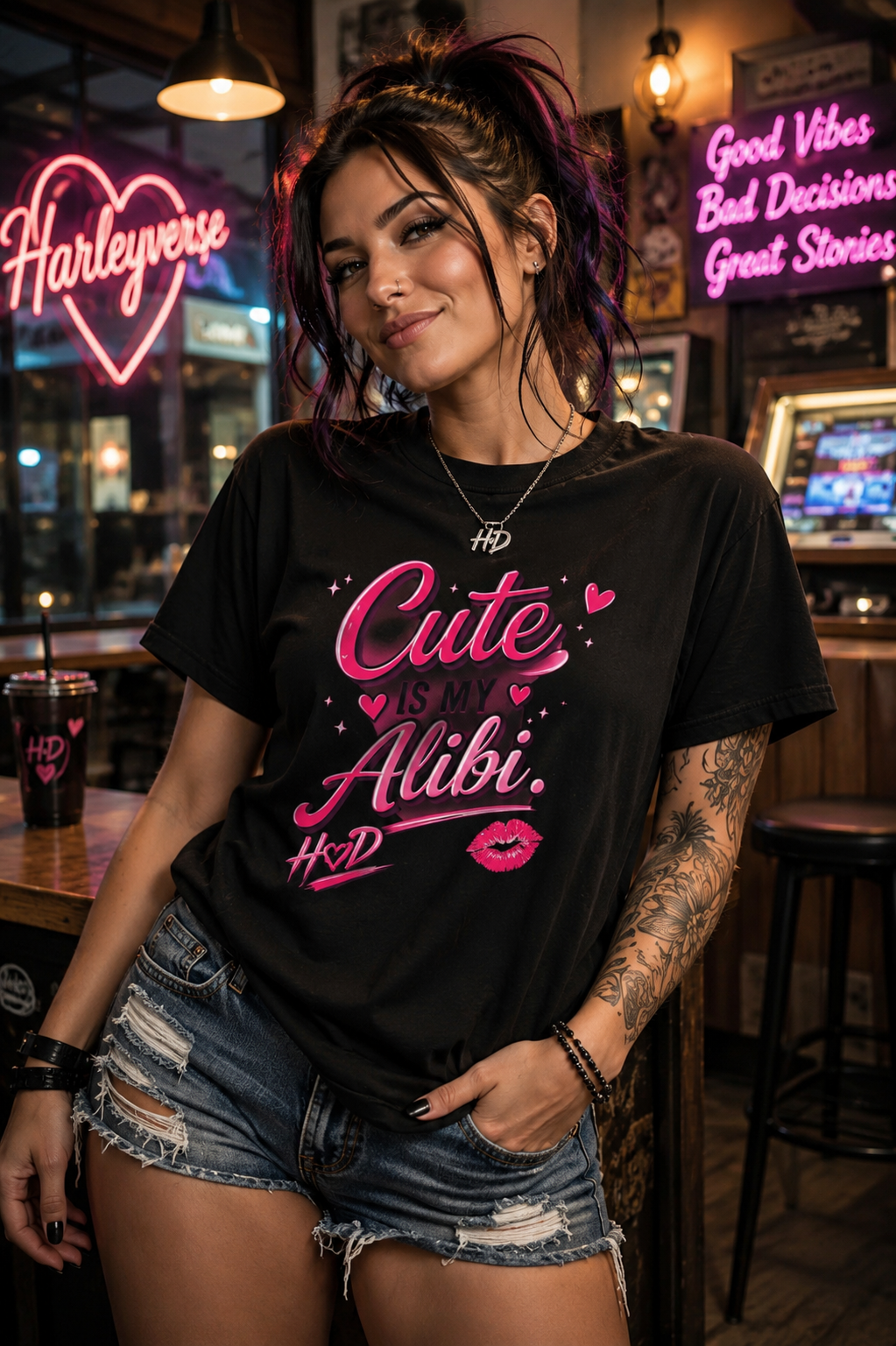 Harley Doo Cute Alibi T-Shirt — Pink Retro Script Graphic Tee