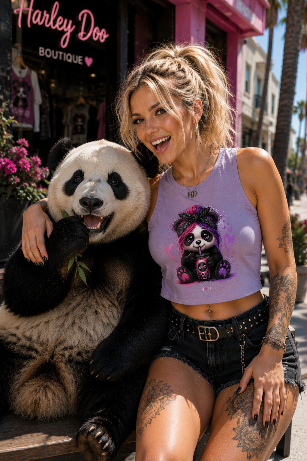 Cute Punk Panda Women’s Crop Top – Heart Graphic Floral Bandana