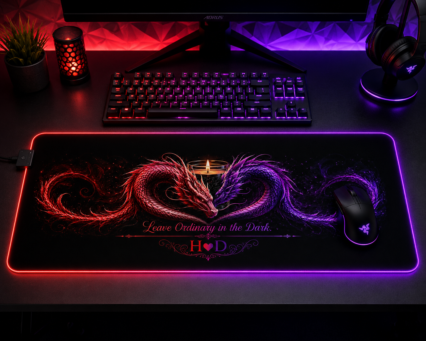 Flaming Heart Dragon LED Gaming Mouse Pad | RGB Desk Mat