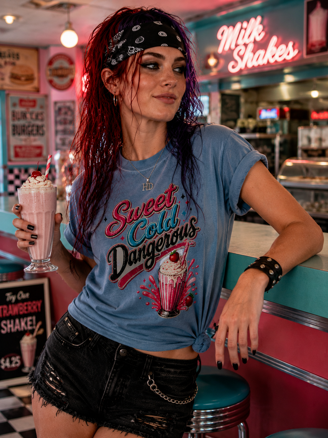 Harley Doo Sweet Cold Dangerous milkshake T-shirt | retro diner soda graphic