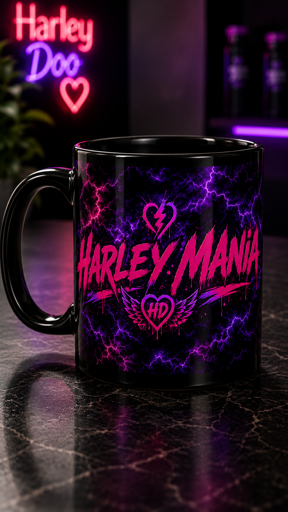 Harley Mania neon lightning Mug | Black ceramic coffee mug