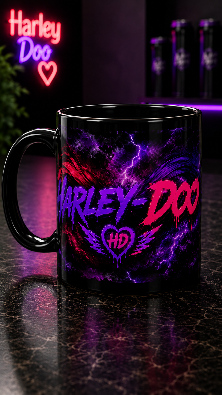Harley-Doo Neon Logo mug | Black Ceramic Mug