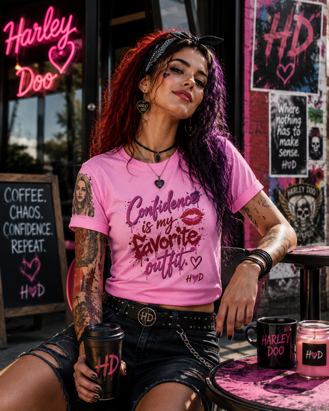 Harley Doo Confidence Is My Favorite Outfit tee | White Graphic T-Shirt, Lip Print, Script Quote
