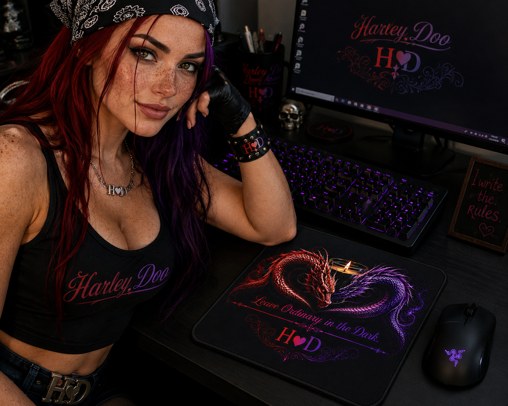 Twin Dragon Heart with Candle mouse pad | Red and Purple Fantasy Desk Mat
