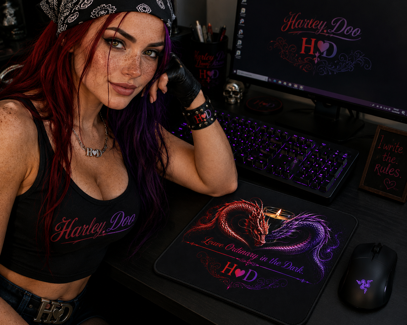 Twin Dragon Heart with Candle mouse pad | Red and Purple Fantasy Desk Mat