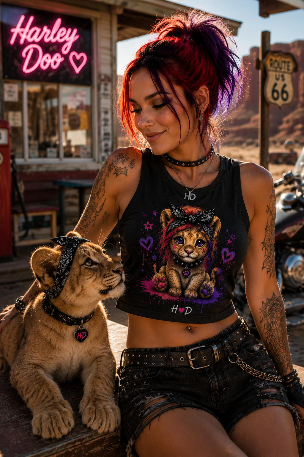 Cute Punk Lion Cub Crop Top — Colorful Heart Baby Lion Graphic