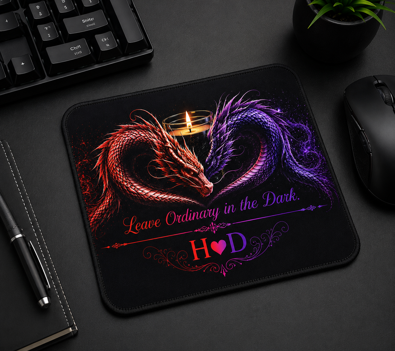 Twin Dragon Heart with Candle mouse pad | Red and Purple Fantasy Desk Mat