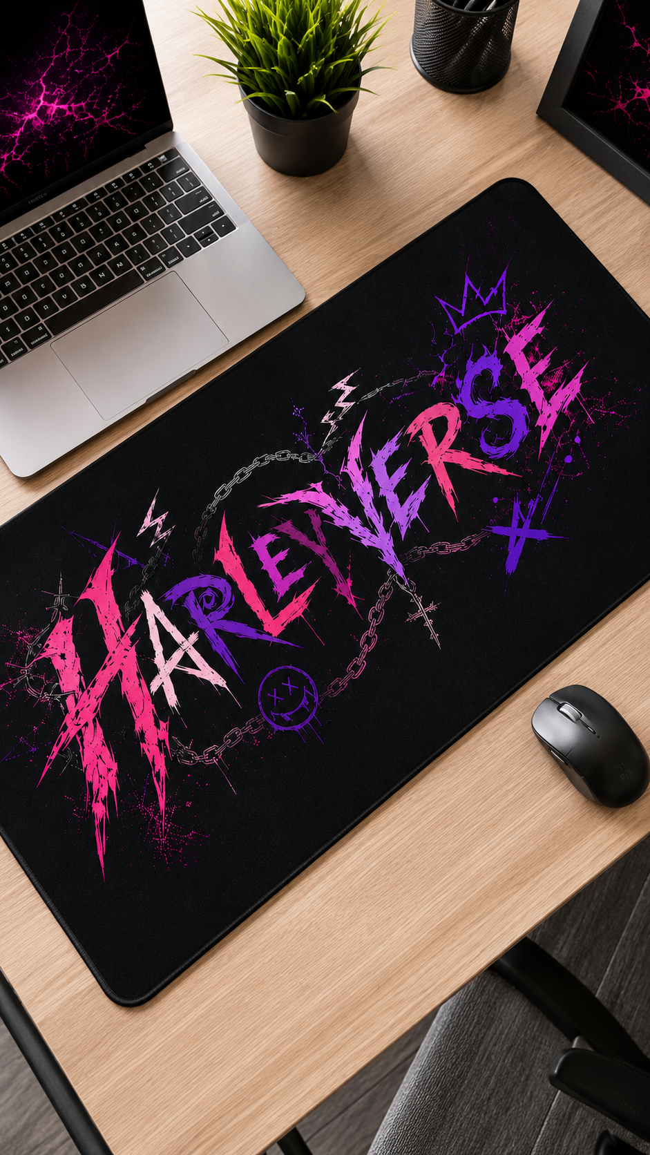 Harleyverse desk mat | Pink Purple Grunge typography, gaming mousepad