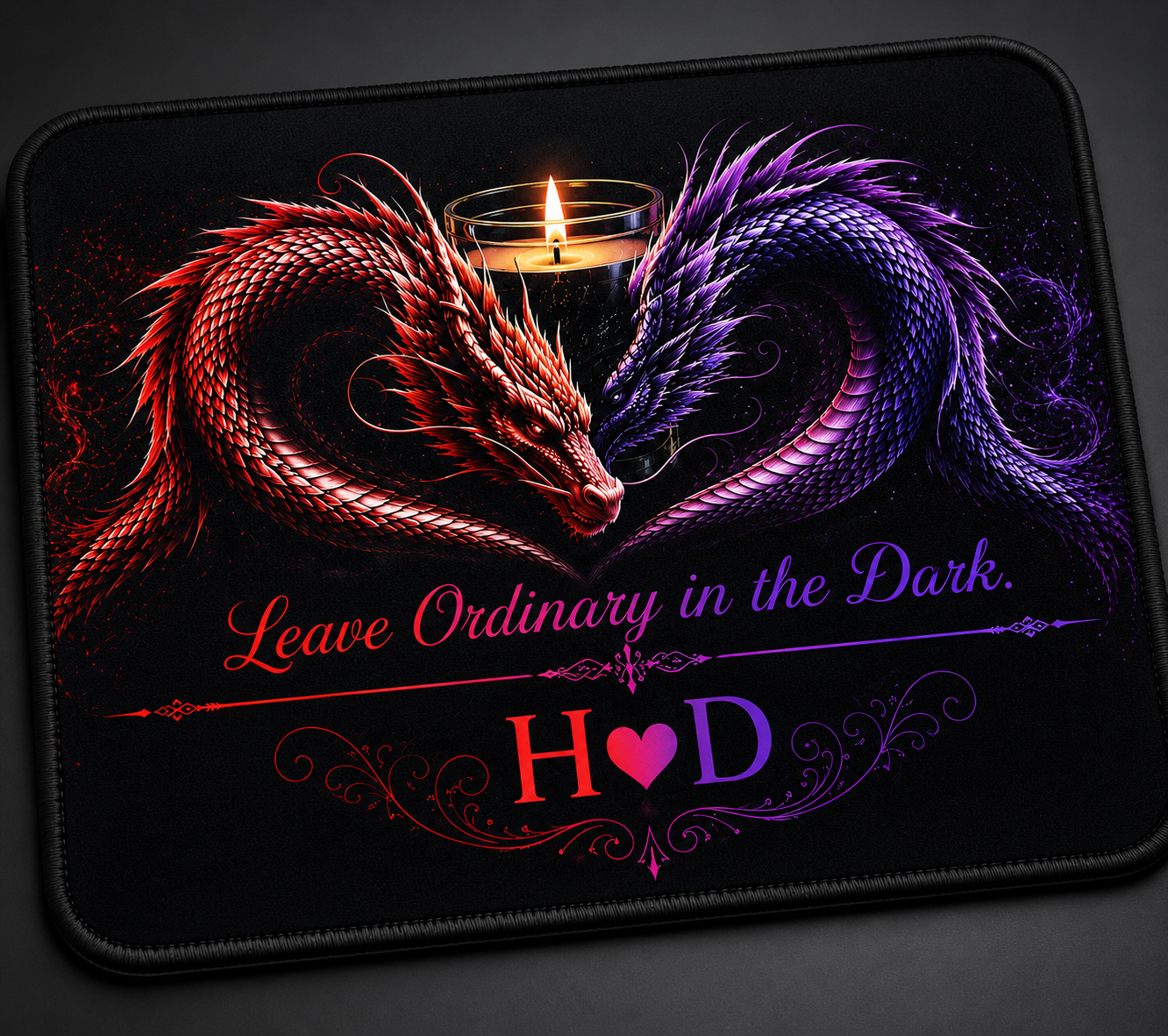 Twin Dragon Heart with Candle mouse pad | Red and Purple Fantasy Desk Mat