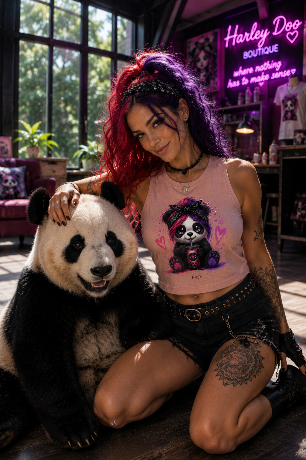 Cute Punk Panda Women’s Crop Top – Heart Graphic Floral Bandana