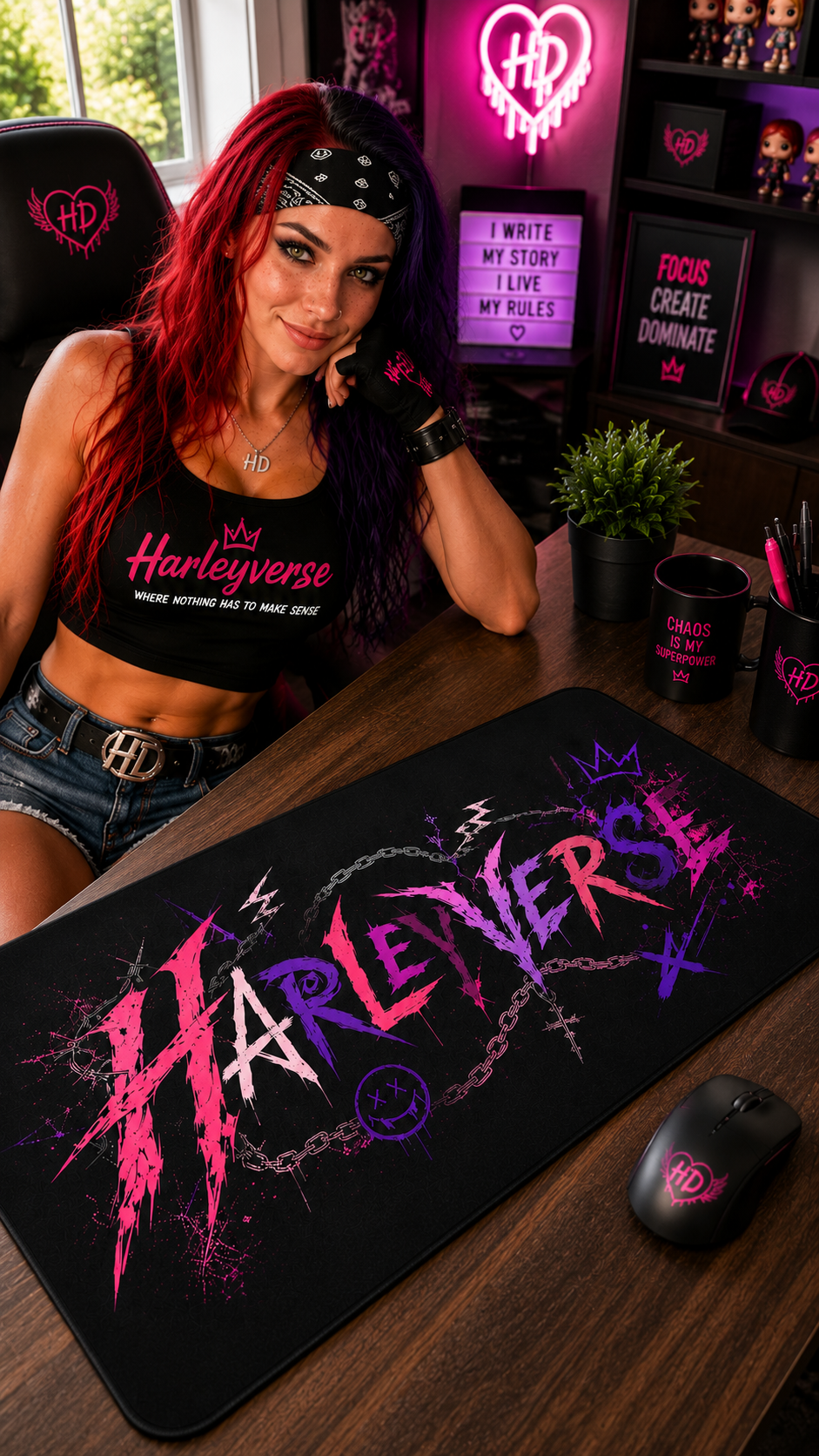 Harleyverse desk mat | Pink Purple Grunge typography, gaming mousepad