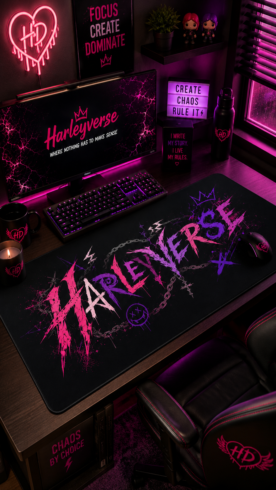 Harleyverse desk mat | Pink Purple Grunge typography, gaming mousepad