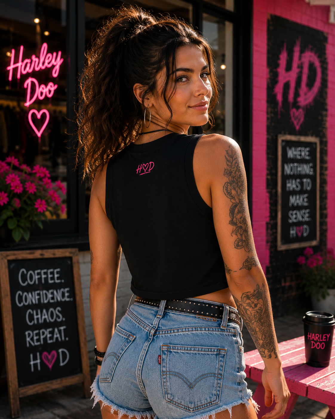 Harley Doo Cute Crop Top | Graphic Tank, Pink Script Heart Design