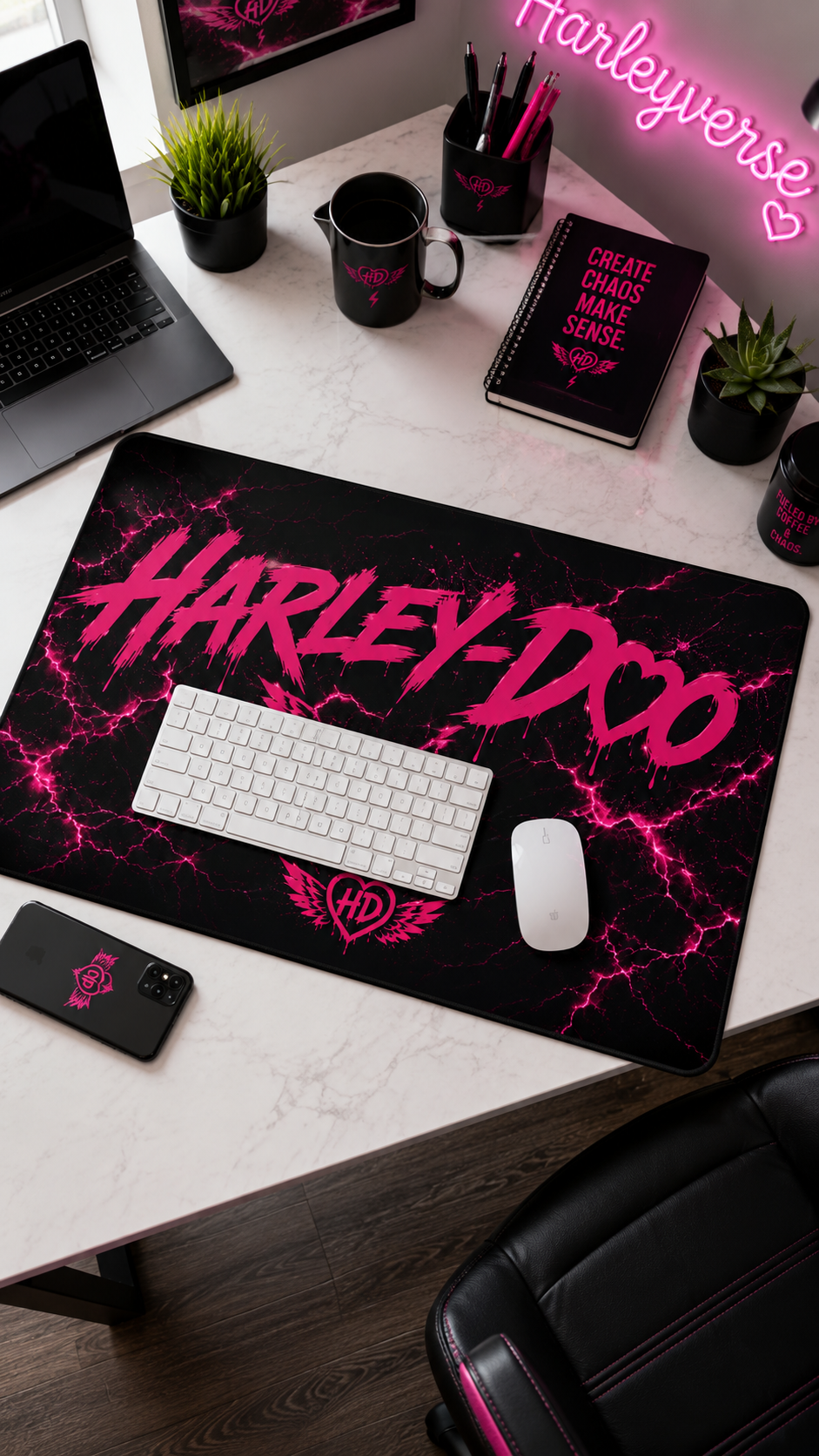 Harley-Doo logo pink lightning Desk Mat | gaming mousepad, office desk pad