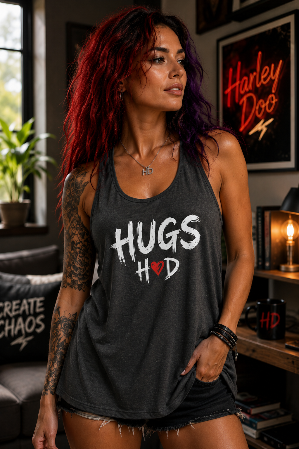 Harley Doo HUGS with HD logo - Women's Flowy Racerback Tank