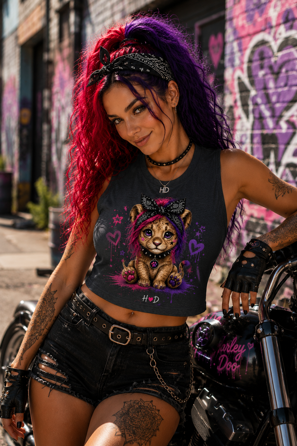 Cute Punk Lion Cub Crop Top — Colorful Heart Baby Lion Graphic
