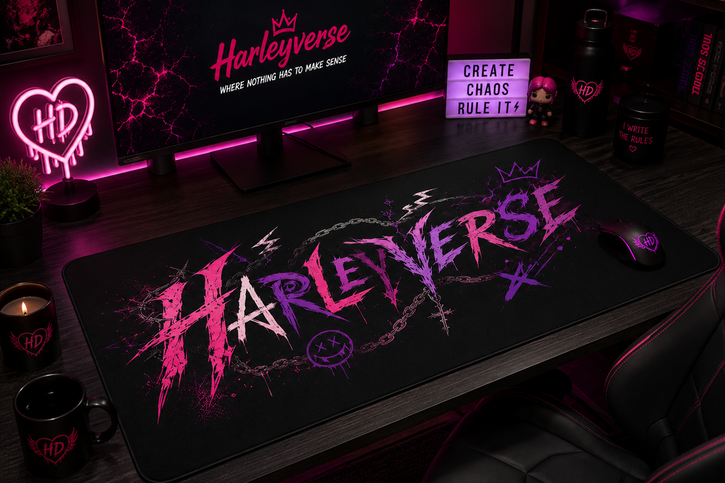 Harleyverse desk mat | Pink Purple Grunge typography, gaming mousepad