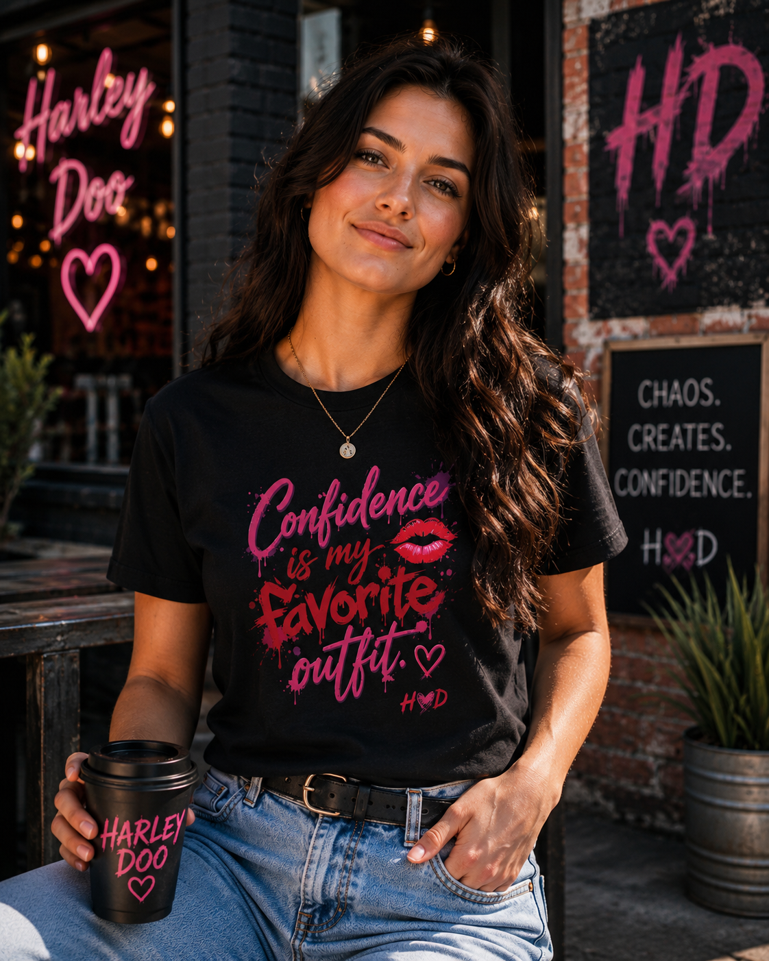 Harley Doo Confidence Is My Favorite Outfit tee | White Graphic T-Shirt, Lip Print, Script Quote
