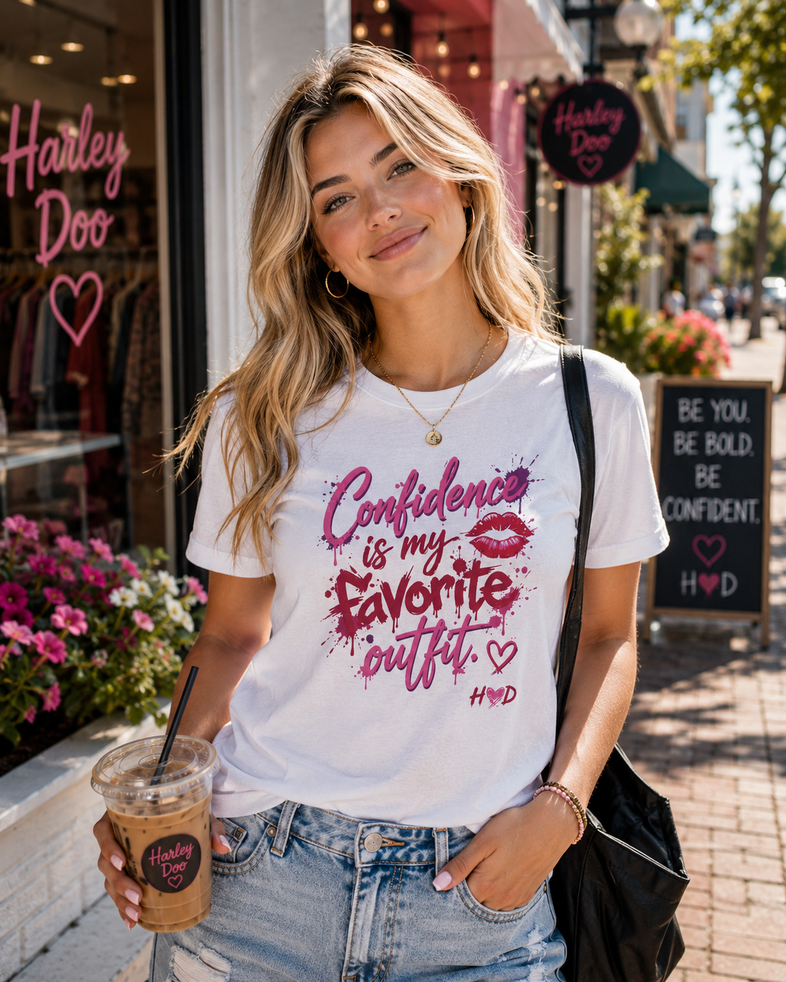 Harley Doo Confidence Is My Favorite Outfit tee | White Graphic T-Shirt, Lip Print, Script Quote