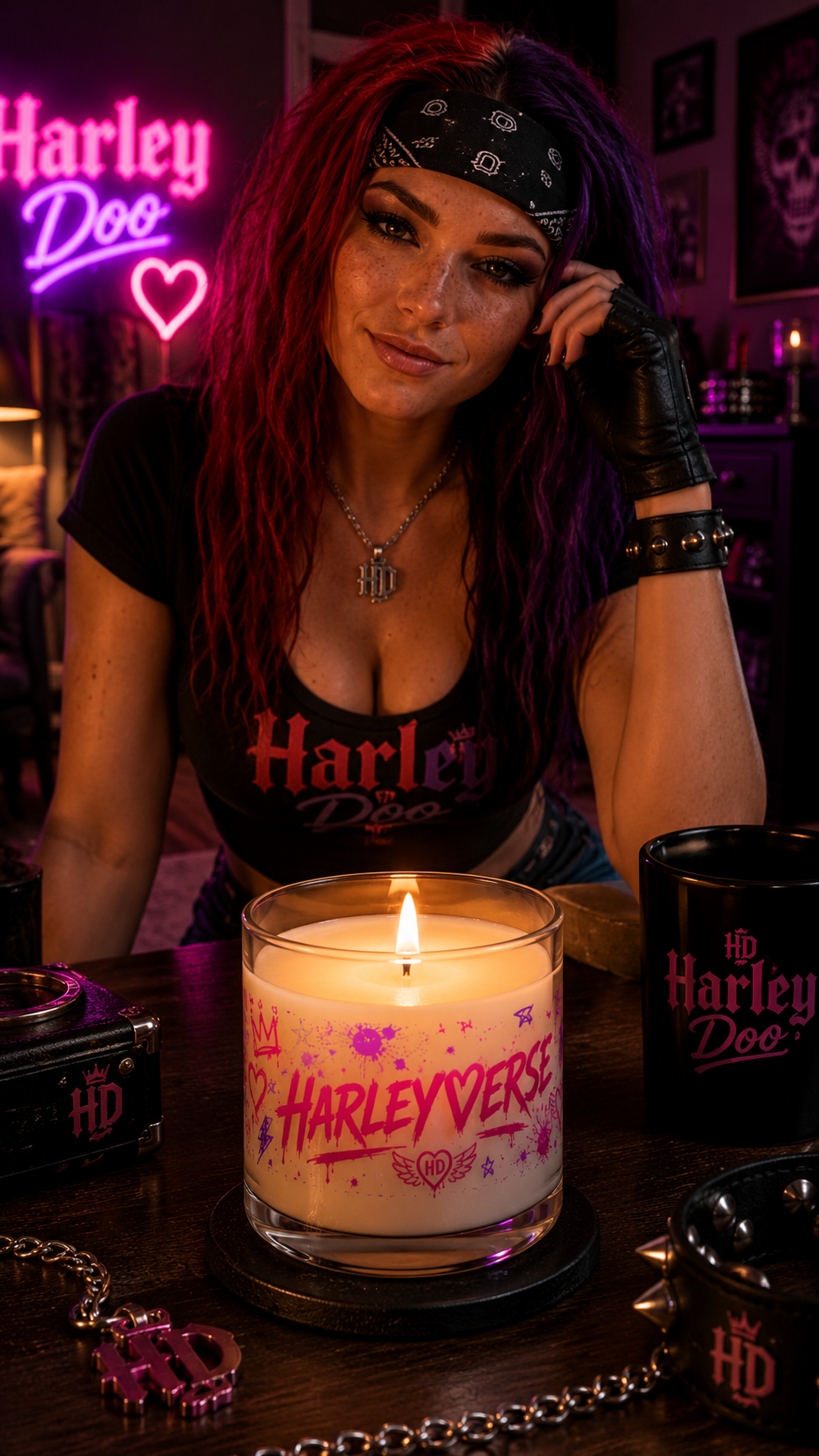 Harleyverse Candle | 11oz Glass Scented Candle, Pink Graffiti Hearts