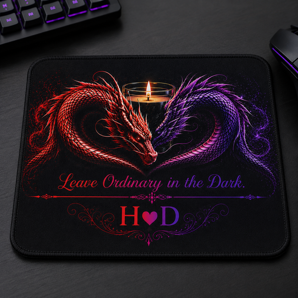 Twin Dragon Heart with Candle mouse pad | Red and Purple Fantasy Desk Mat