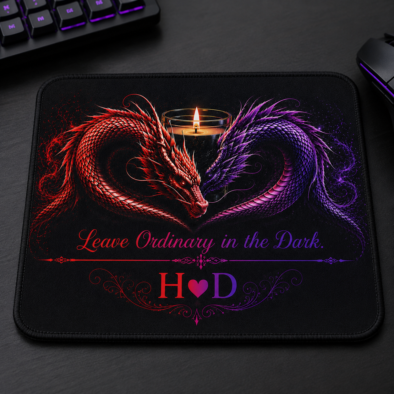 Twin Dragon Heart with Candle mouse pad | Red and Purple Fantasy Desk Mat