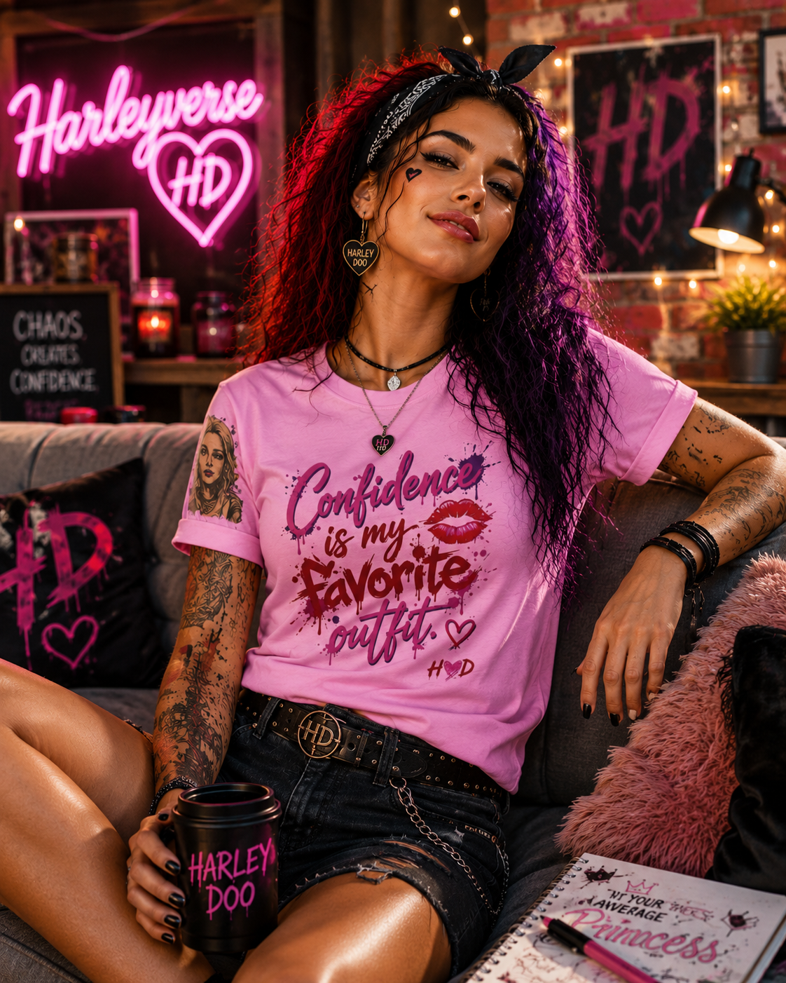 Harley Doo Confidence Is My Favorite Outfit tee | White Graphic T-Shirt, Lip Print, Script Quote