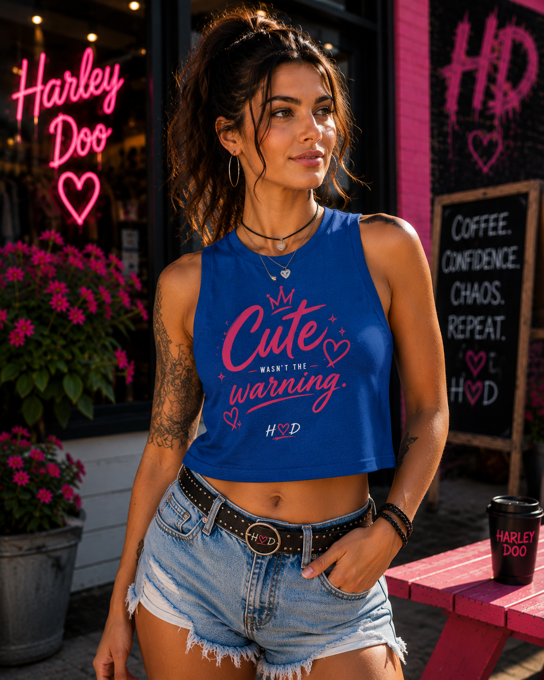 Harley Doo Cute Crop Top | Graphic Tank, Pink Script Heart Design