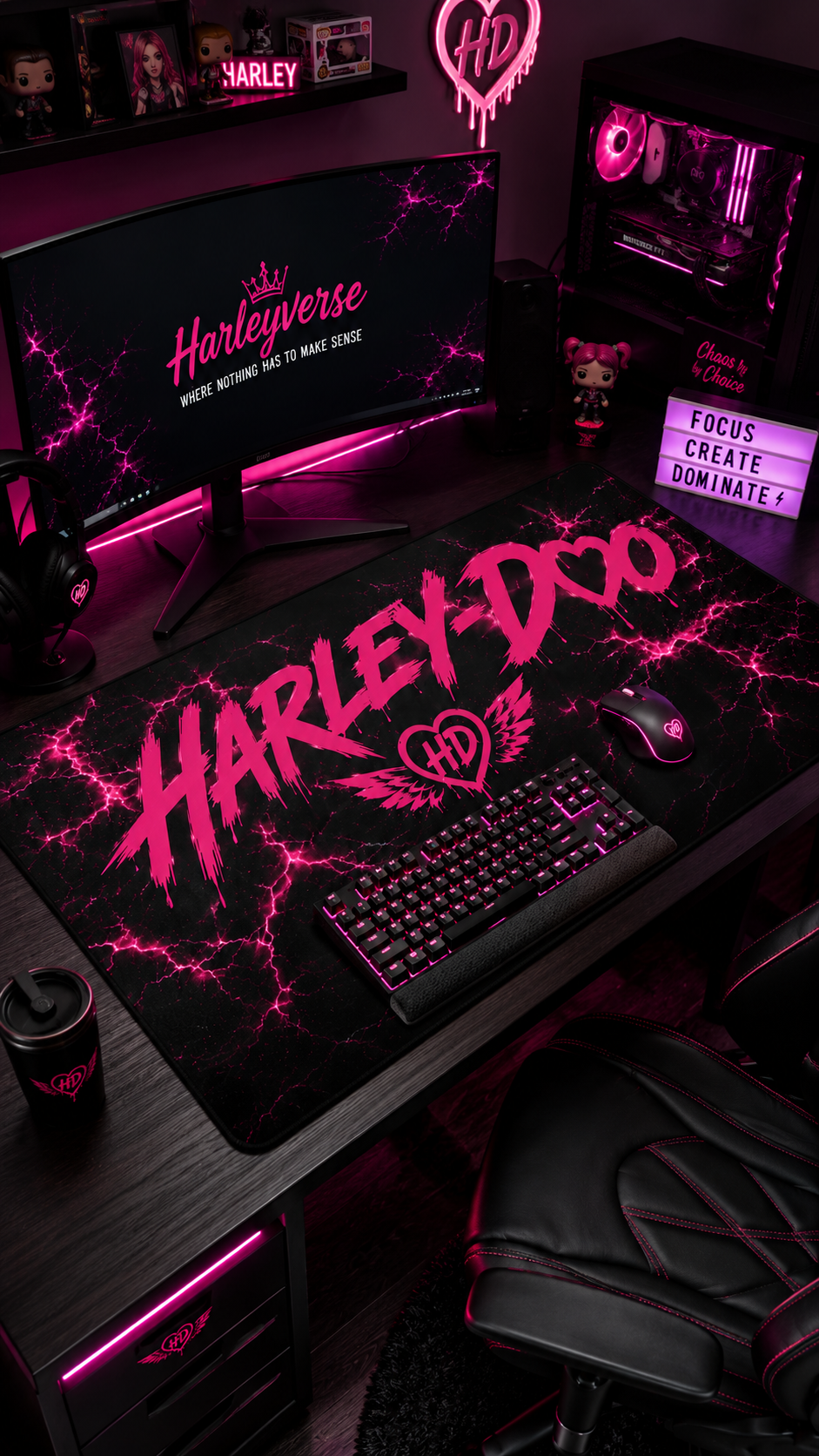 Harley-Doo logo pink lightning Desk Mat | gaming mousepad, office desk pad