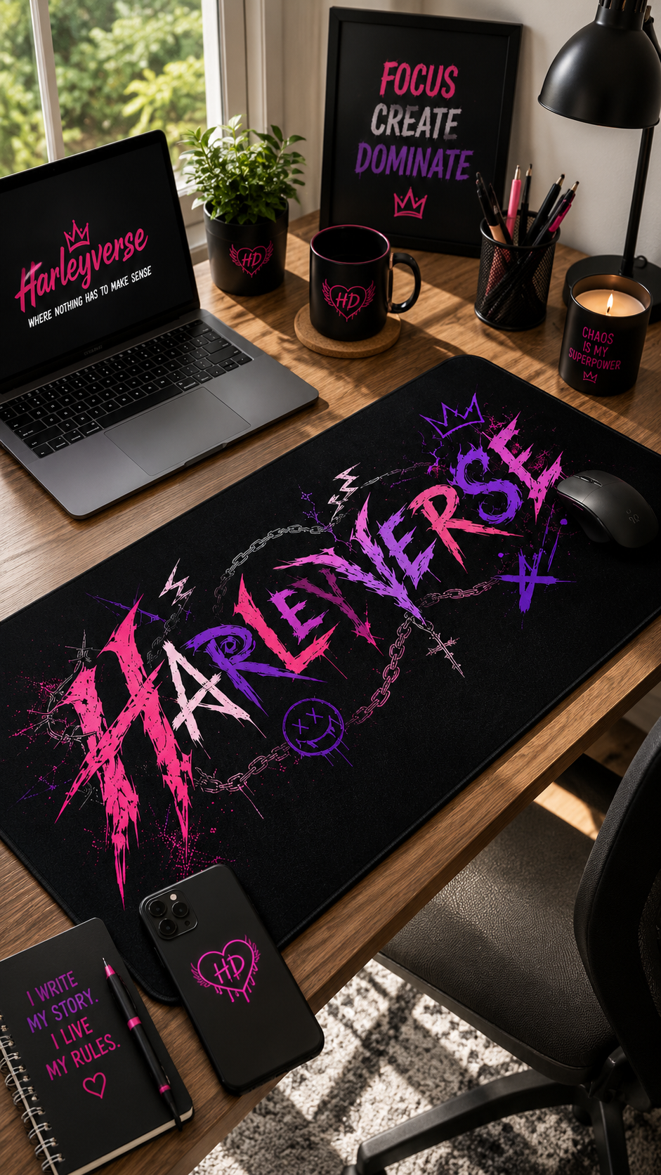 Harleyverse desk mat | Pink Purple Grunge typography, gaming mousepad
