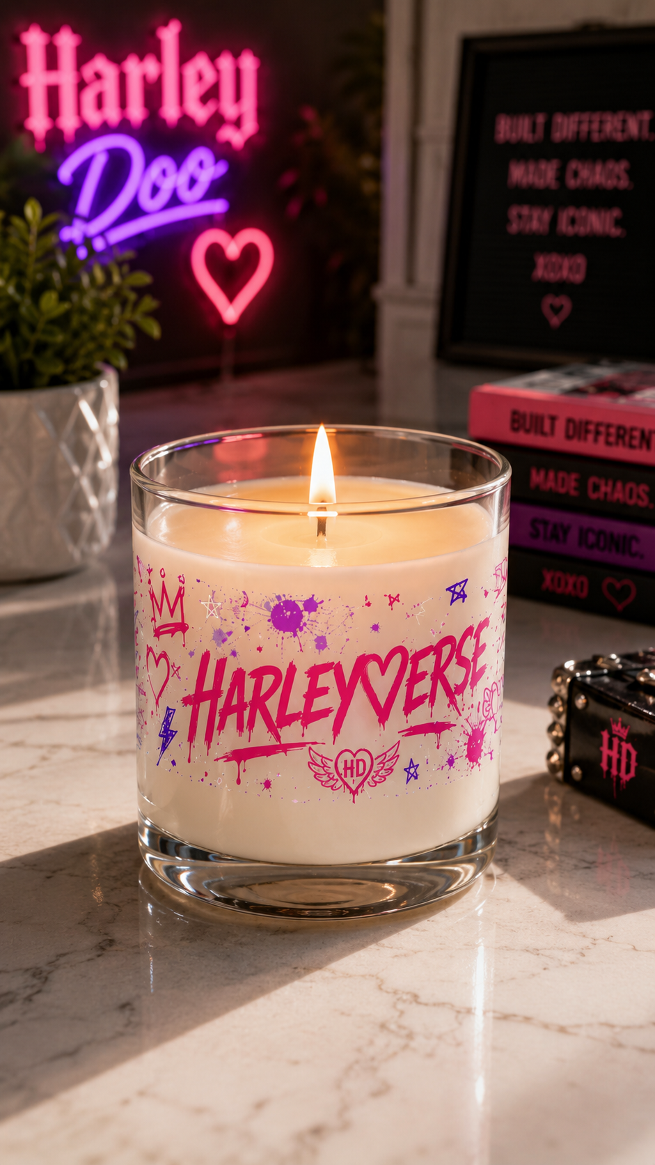 Harleyverse Candle | 11oz Glass Scented Candle, Pink Graffiti Hearts