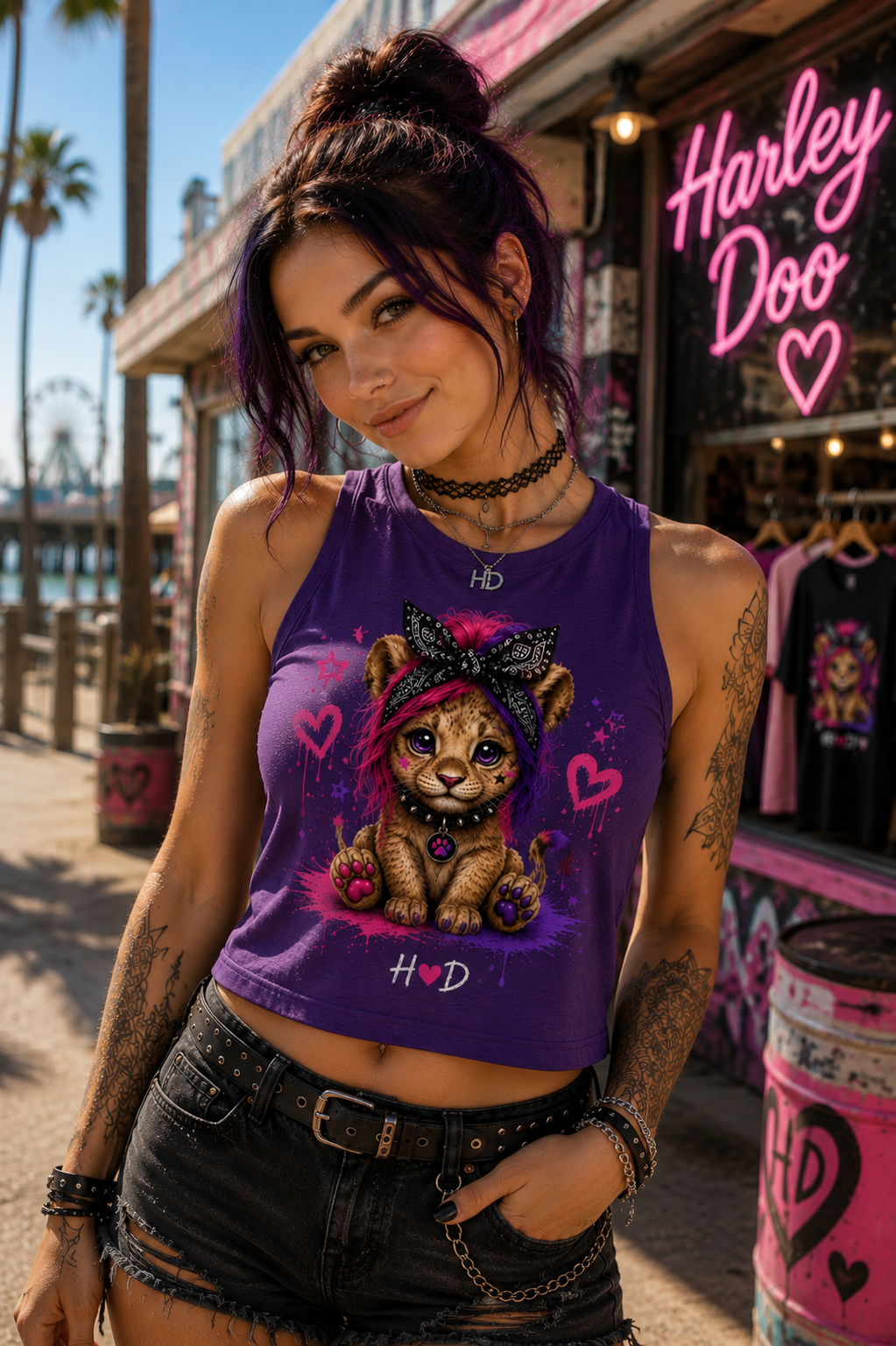 Cute Punk Lion Cub Crop Top — Colorful Heart Baby Lion Graphic