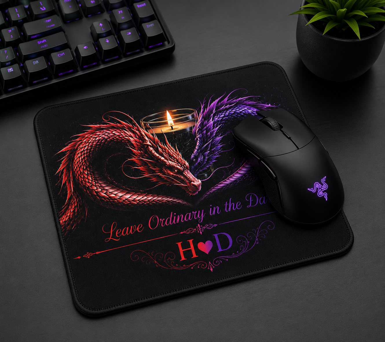 Twin Dragon Heart with Candle mouse pad | Red and Purple Fantasy Desk Mat