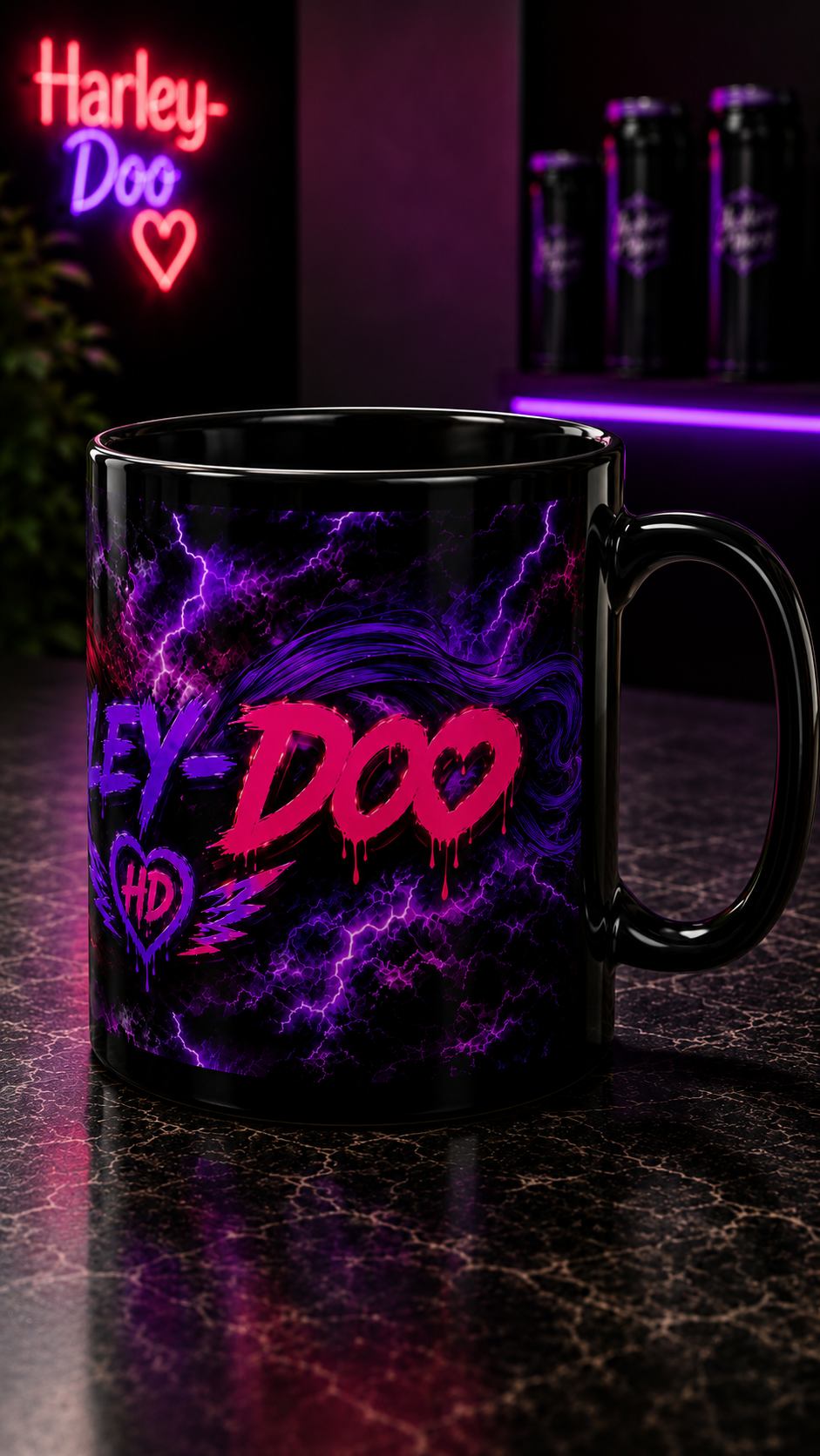 Harley-Doo Neon Logo mug | Black Ceramic Mug