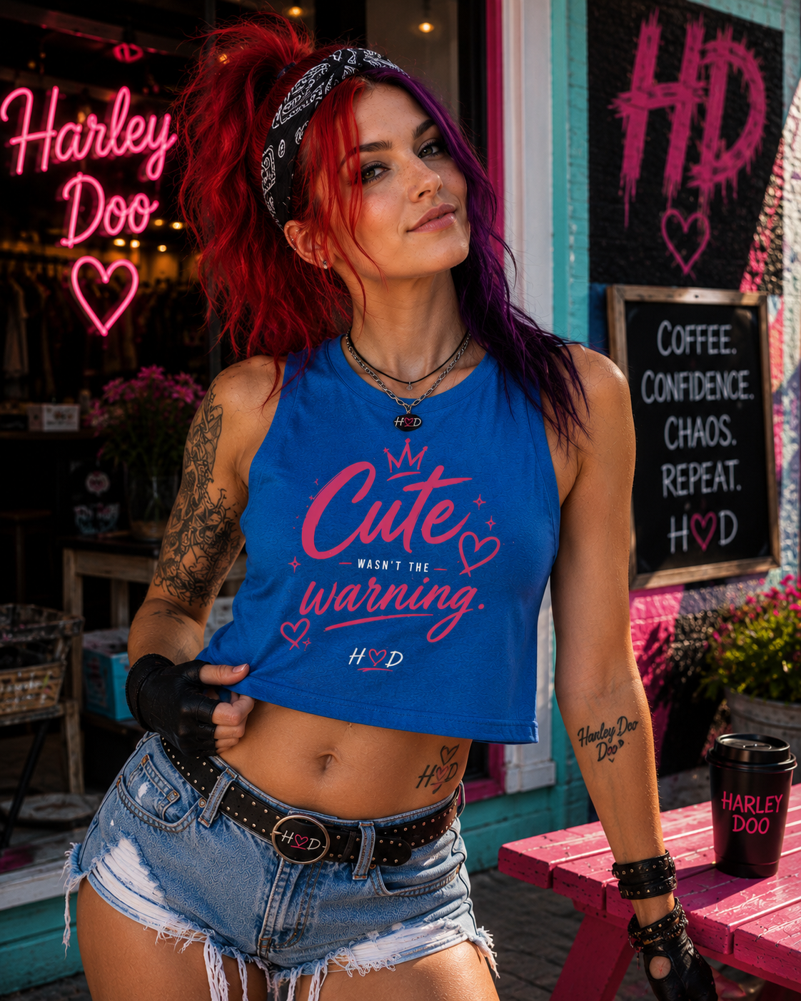 Harley Doo Cute Crop Top | Graphic Tank, Pink Script Heart Design