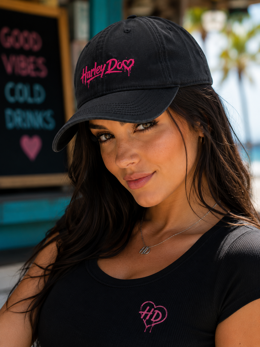 Harley Doo Drip Logo Cap | embroidered pink script, streetwear hat